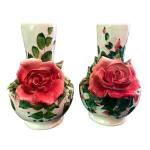 Vtg Pair Pink 3D Roses Pottery Vases Hand Painted Italy 3.75" Tall